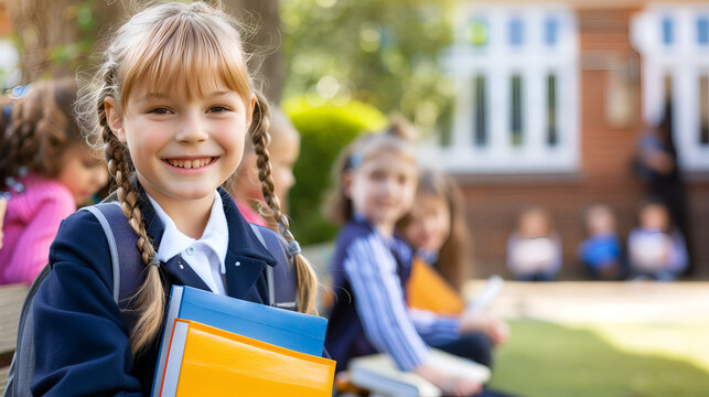 Smiling schoolgirl holding books in the school - Powered by Adobe