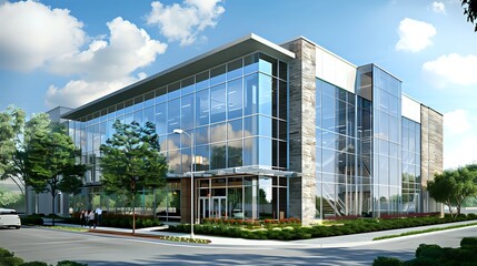 Modern office building with glass facade and stone accents.