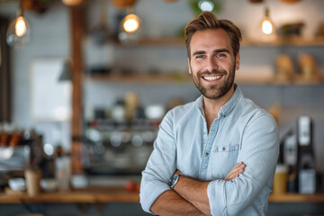 Fototapeta premium a man with a beard and a blue shirt