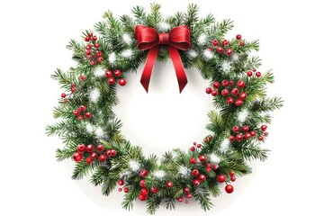 Isolated vector illustration of a wreath made of pine branches, berries, and a bow, with snow on a white background, festive and detailed 