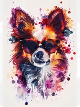 adorable papilon dog wear sunglasses with paint splash art