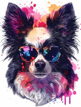 Adorable papilon dog wear sunglasses with paint splash art