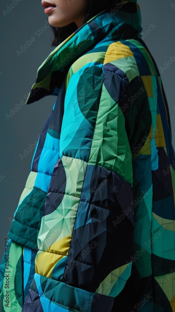 Poster a geometric print jacket with a mix of sharp and curved lines in shades of green and blue.