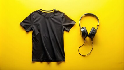 Vibrant yellow background highlights a pair of headphones on a black casual t-shirt, conveying a sense of joy and immersion in loud, energetic music alone.,hd 8k
