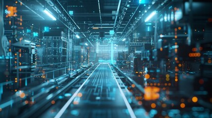 A production floor that is continuously monitored by a network of advanced cameras and sensors all connected through 5G and providing valuable insights for process optimization.