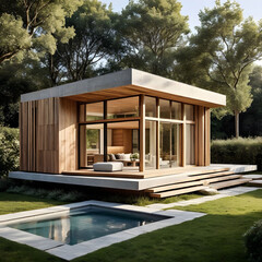 Fototapeta premium 3d rendering of modern cozy house with pool and parking for sale or rent. Wood plank facade.