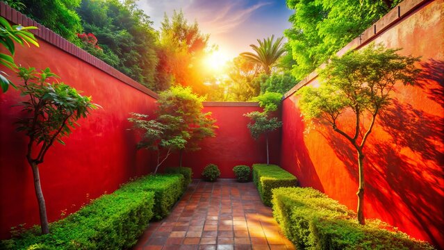 Warm sunlight casts a gentle glow on a vibrant red wall, surrounded by lush greenery, evoking a sense of serenity and tranquility in the empty scene.,hd,8k