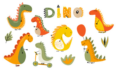 Obraz premium Funny Dinosaurs set. Dino characters, hand drawn word Dino for nursery posters, cards, kids t-shirts