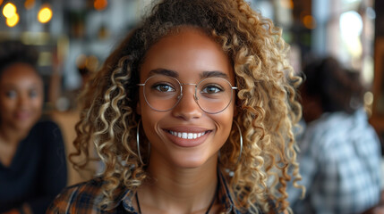 Fototapeta premium Portrait of a happy businesswoman holding a touchpad in an office, looking confidently at the camera, showcasing professional success and modern technology.