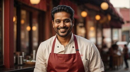 Fototapeta premium Happy Indian chef in apron, confidently standing with a warm smile