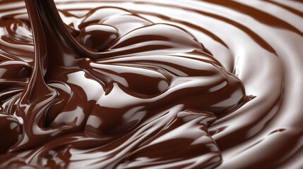 Smooth and glossy flowing chocolate with rich swirls creating a luxurious and indulgent close-up texture