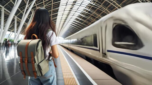 young asian woman traveler with backpack stands on platform of modern railway station, train stands on platform in background, beginning of journey