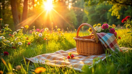 Serene warm sunlight casts a warm glow on a blanket and picnic basket amidst lush green grass and vibrant flowers in a peaceful outdoor setting.,hd, 8k.