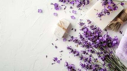 Close up of white background with lavender flowers soap and towels