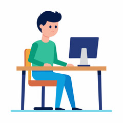 Computer vector art illustration of a young man sitting at his desk working. 