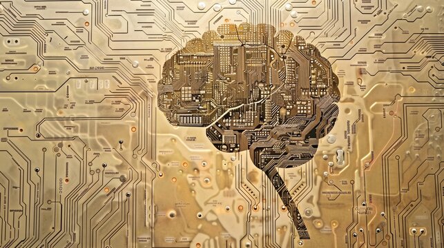 A schematic representation shows human brain communication via a circuit-board, symbolizing artificial intelligence. - Powered by Adobe