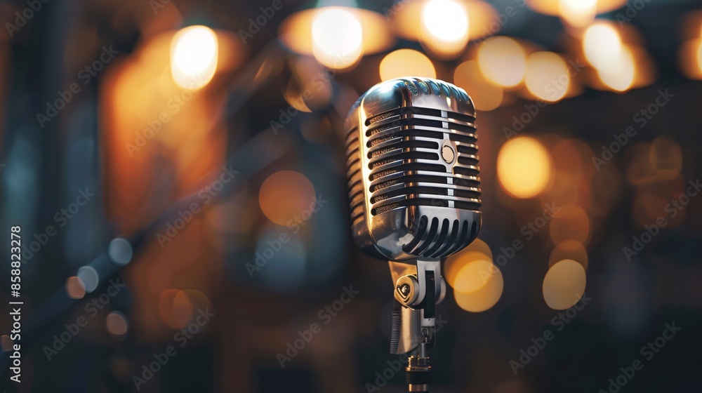 Poster the concept of recording podcasts in a retro style is symbolized by a microphone.