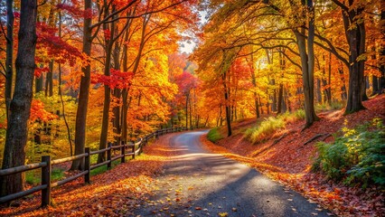 Obraz premium Vibrant autumn foliage surrounds a scenic winding trail, strewn with fallen leaves, beneath a warm sunlight, evoking feelings of coziness and harmony on a crisp fall day.,hd, 8k.