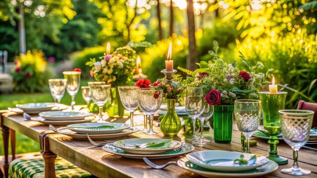 Vibrant outdoor dinner party atmosphere with elegant glassware, fine china, and lush greenery surrounding a beautifully set table with ample copy space.,hd, 8k.