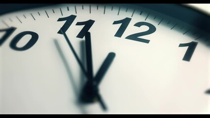 Clock face 4K UHD real time footage at 12 noon or 12 AM. Black second pointer clicks. Clock time ticking on a classic Wall Clock. Shadows moving over the Watch. Half of Clock dial close-up isolated.  - Powered by Adobe