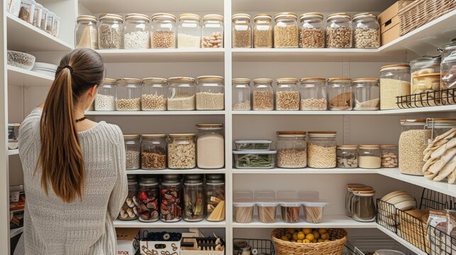 Person organizing a pantry with labeled containers and baskets