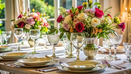 Fototapeta premium Elegant dinner table set with fine china, crystal glasses, and polished silverware, adorned with a crisp white tablecloth and a centerpiece of fresh flowers.,hd, 8k.