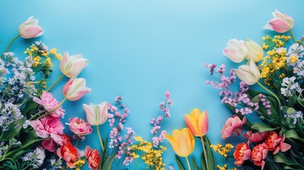 Obraz premium Colorful pancy flowers spring border Easter greeting card with copy space