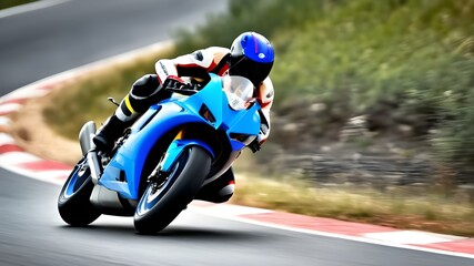 a rider riding a superbike with motion speed at laps road