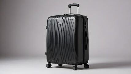 Fototapeta premium A black hard-shell suitcase with a ribbed design, featuring four multidirectional wheels and a retractable handle.