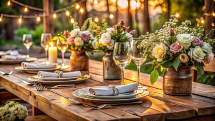 Rustic wooden table set with white plates, wine glasses, and silverware, adorned with a centerpiece of fresh flowers and a soft, warm lighting ambiance.,hd, 8k.