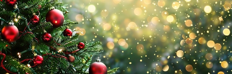 Fototapeta premium C Christmas banner with christmas tree with red ornaments and blurred green background with lights, banner design. Christmas decoration concept 