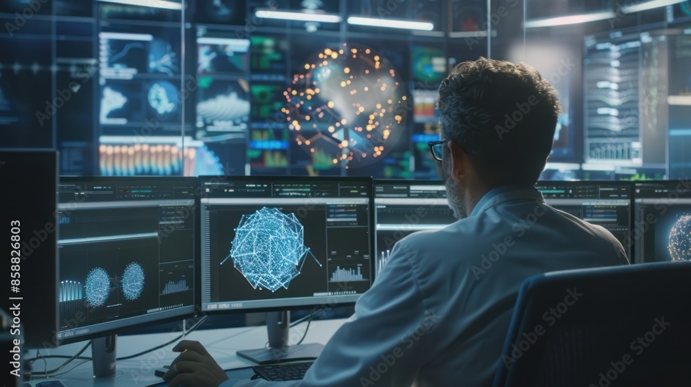 Poster cybersecurity analyst analyzing data on multiple monitors