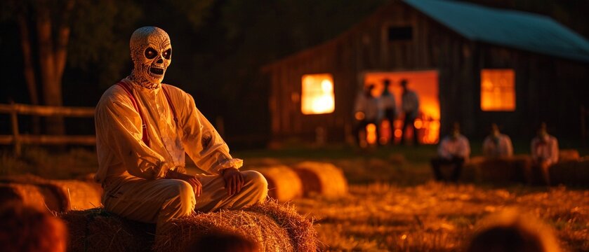 Scene of a haunted hayride at night, visitors sitting on bales of hay, actors dressed as monsters jumping out to scare them, capturing the excitement and fun