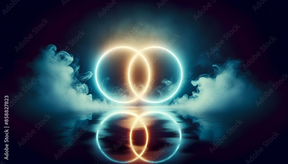 Poster two glowing neon circles, one blue and one orange, intersecting each other, with white fog around th