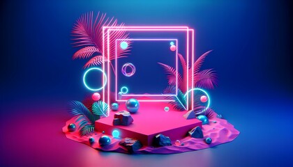 A pink square platform with glowing neon light around it, with several pink spheres suspended above it. In the background are pink and blue plant like figures. The image is perfect for showcasing 