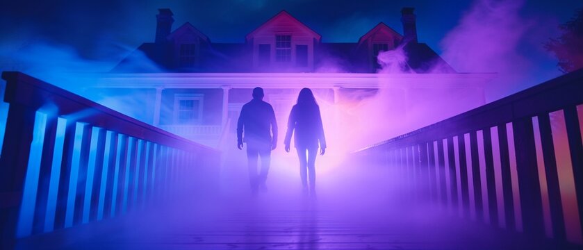 Haunted house decorated with cobwebs, skeletons, and eerie lighting, people cautiously exploring, capturing the thrill and spookiness of Halloween