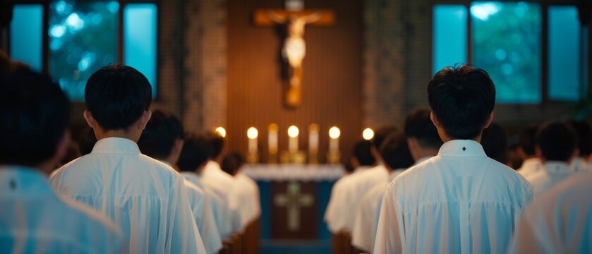 Scene of a church service with priest delivering a sermon about the significance of saints, congregation listening and reflecting, candles illuminating the space