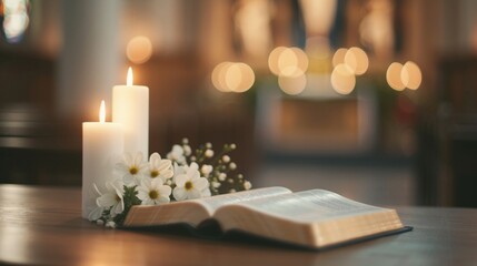 Closeup of a liturgical book with prayers and readings for All Saints Day, placed on an altar adorned with saintly relics and candles, ready for the service