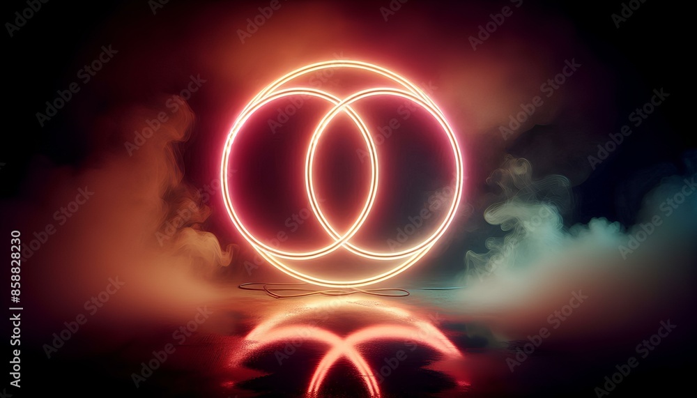 Wall mural a red neon sign in the shape of two overlapping circles is shown on a black surface. the sign is glo