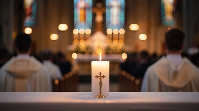 Church service with priest and altar servers in white vestments, altar adorned with saintly relics and candles, parishioners participating in a solemn Eucharistic celebration