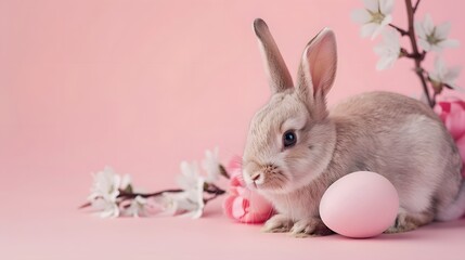 Fototapeta premium Easter bunny rabbit with pink painted egg on pink background. Easter holiday concept. 