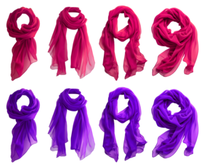 2 Set of magenta purple pink chiffon silk silky flowy soft scarf shawl wrap, front and flat lay view on transparent cutout PNG file. Many different angle. Mockup template for artwork design