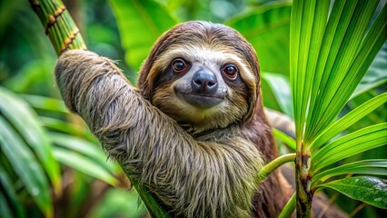 Fototapeta premium Serene close-up of a three-toed sloth clinging to a lush green limb amidst the vibrant foliage of costa rica's tropical rainforest canopy.,hd, 8k.