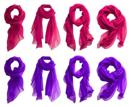 2 Set of magenta purple pink chiffon silk silky flowy soft scarf shawl wrap, front and flat lay view on transparent cutout PNG file. Many different angle. Mockup template for artwork design
