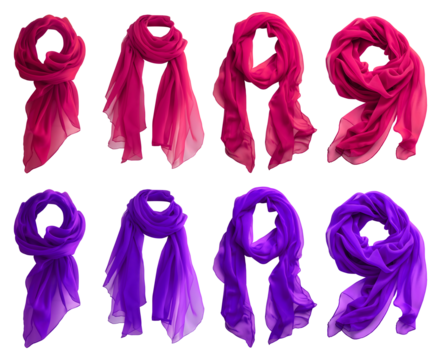 2 Set of magenta purple pink chiffon silk silky flowy soft scarf shawl wrap, front and flat lay view on transparent cutout PNG file. Many different angle. Mockup template for artwork design