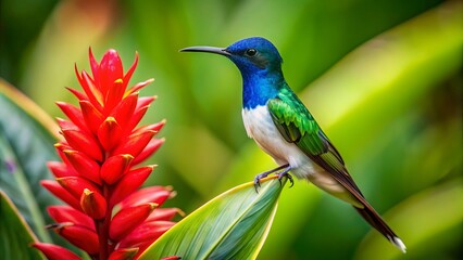 Vibrant female white-necked jacobin hummingbird perched on a ginger plant's bright red flower, surrounded by lush green foliage in a tropical costa rican setting.,hd, 8k.