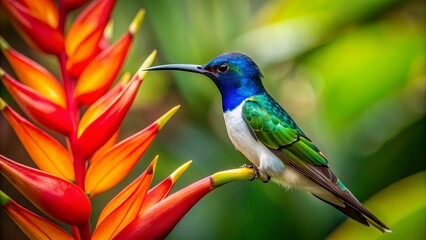 Fototapeta premium Vibrant male white-necked jacobin hummingbird sips nectar from a brightly colored heliconia flower in lush costa rican rainforest surroundings.,hd, 8k.