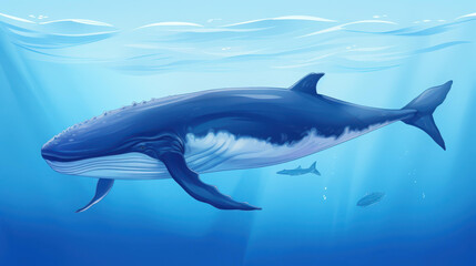 Blue Whale swimming gracefully in ocean.