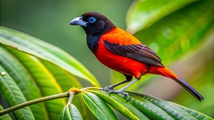 Fototapeta premium Vibrant male scarlet-rumped tanager bird, with bright orange plumage, perches on a lush green limb, surrounded by exotic tropical foliage in costa rica.,hd, 8k.