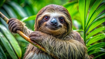 Fototapeta premium Close-up of a tranquil three-toed sloth with soft fur and claws curled around a branch amidst lush green foliage in a humid rainforest in costa rica.,hd, 8k.